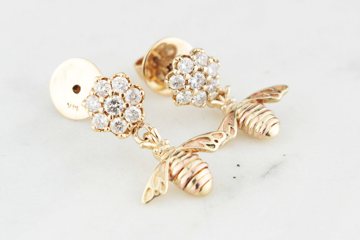 VINTAGE 14ct GOLD DIAMOND CLUSTER &amp; BEE EARRINGS