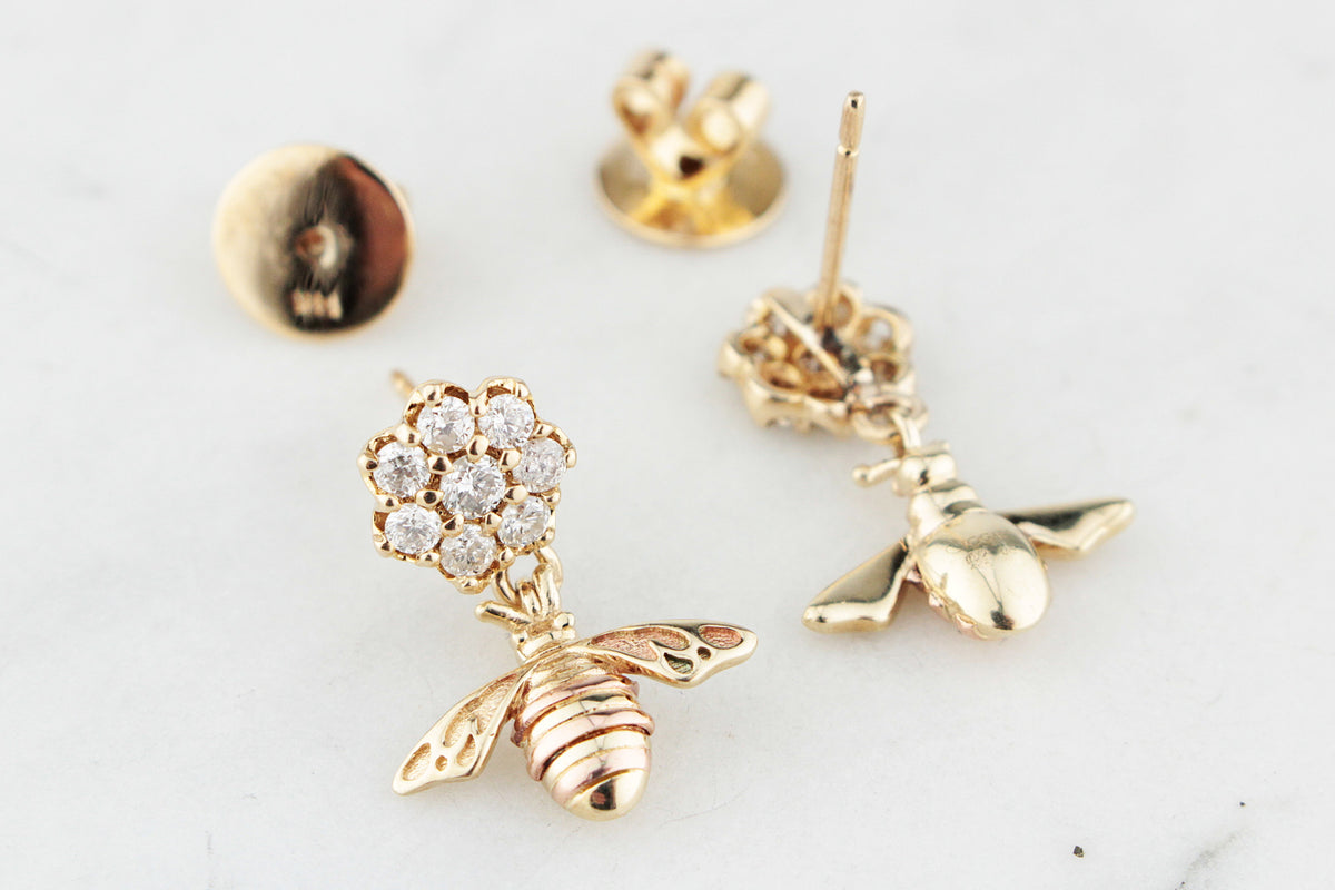 VINTAGE 14ct GOLD DIAMOND CLUSTER &amp; BEE EARRINGS