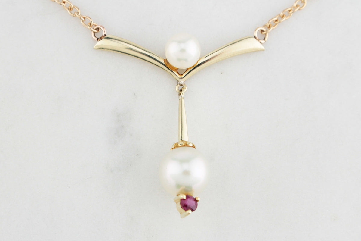 VINTAGE c1940 PEARL &amp; RUBY NECKLACE 14ct GOLD