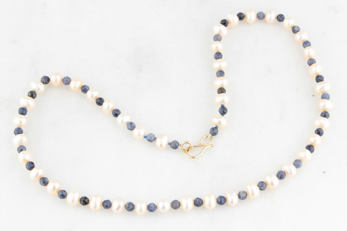 BESPOKE PEARL &amp; SAPPHIRE NECKLACE 9ct GOLD CLASP