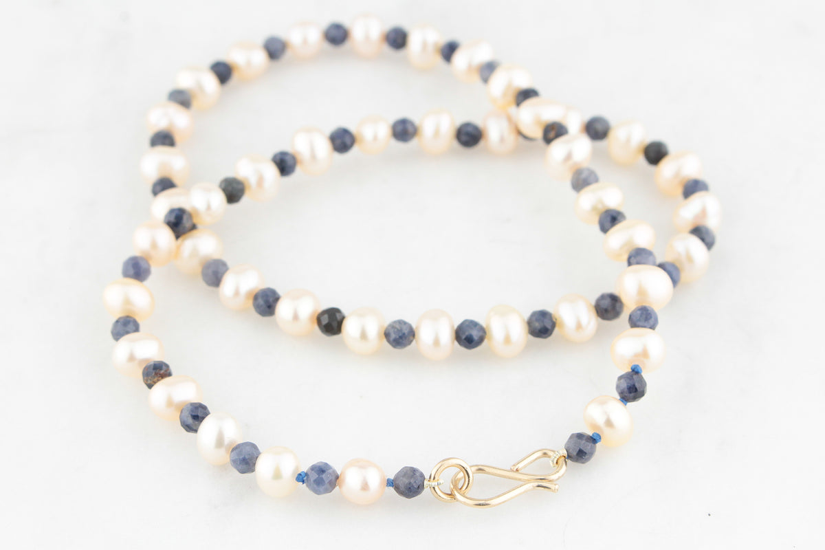BESPOKE PEARL &amp; SAPPHIRE NECKLACE 9ct GOLD CLASP