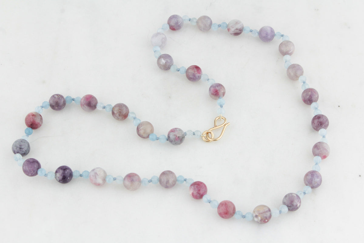 BESPOKE PLUM TOURMALINE &amp; AQUAMARINE NECKLACE WITH 9ct GOLD CLASP