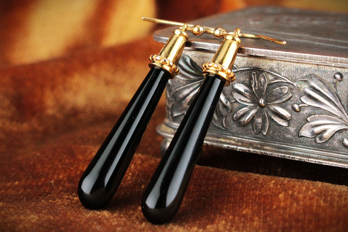 RETRO ONYX PENDELOQUE EARRINGS 9ct GOLD