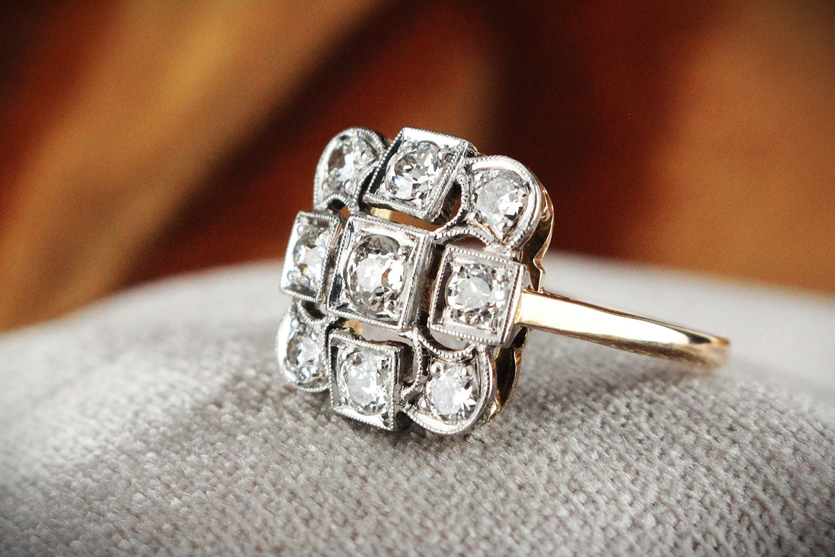 ANTIQUE ART DECO c1920 1ct DIAMOND CLUSTER RING 18ct GOLD &amp; PLATINUM