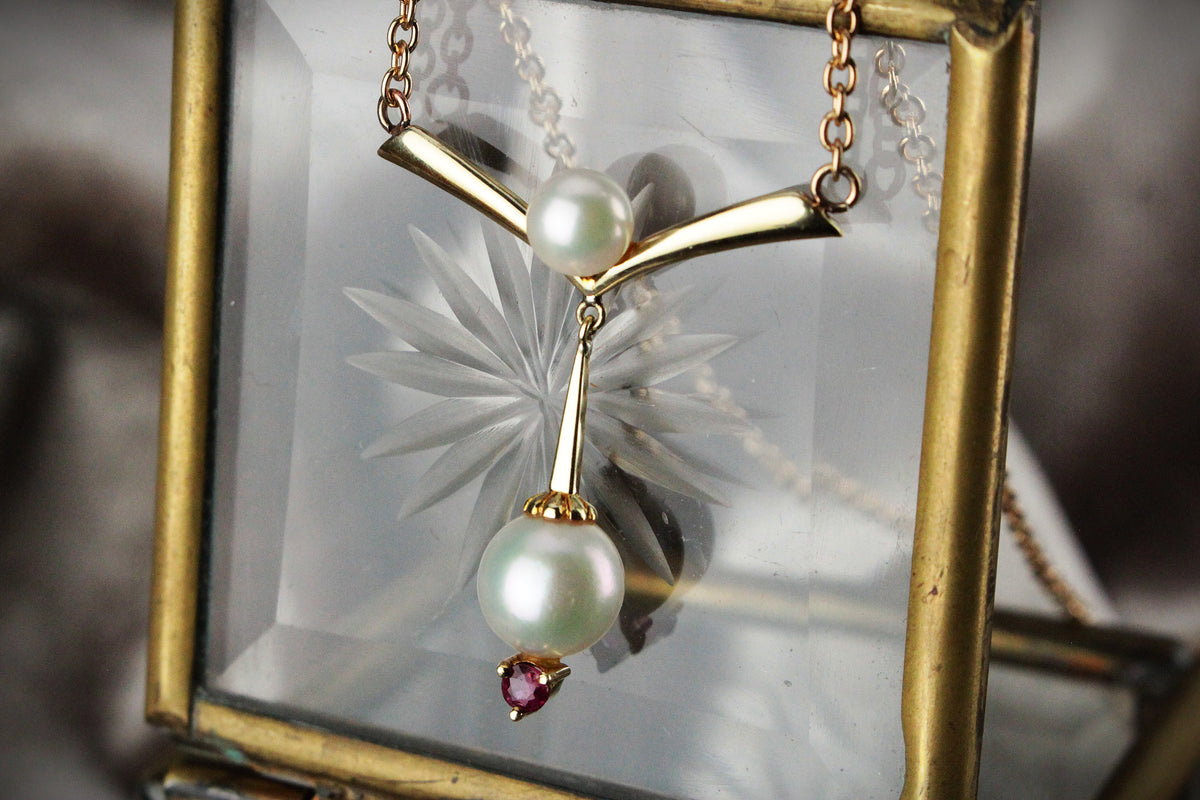 VINTAGE c1940 PEARL &amp; RUBY NECKLACE 14ct GOLD
