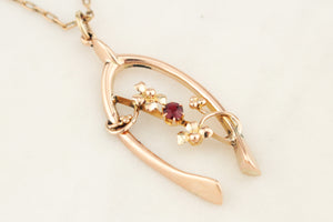 ANTIQUE EDWARDIAN 1914 GARNET WISHBONE PENDANT 9ct GOLD