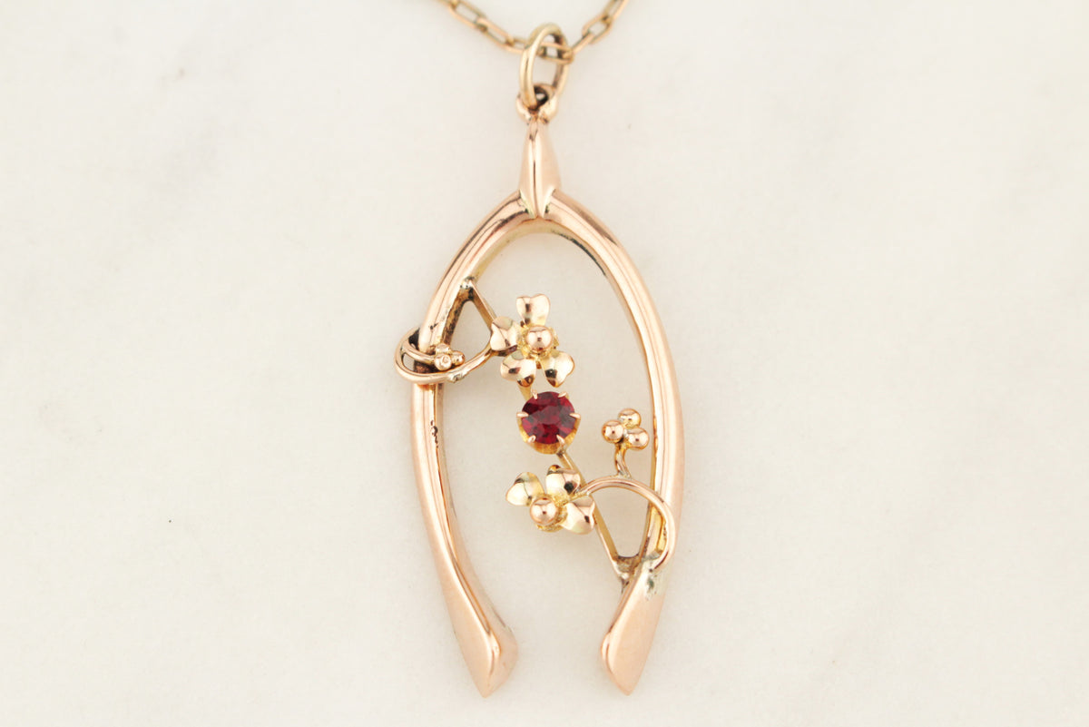 ANTIQUE EDWARDIAN 1914 GARNET WISHBONE PENDANT 9ct GOLD
