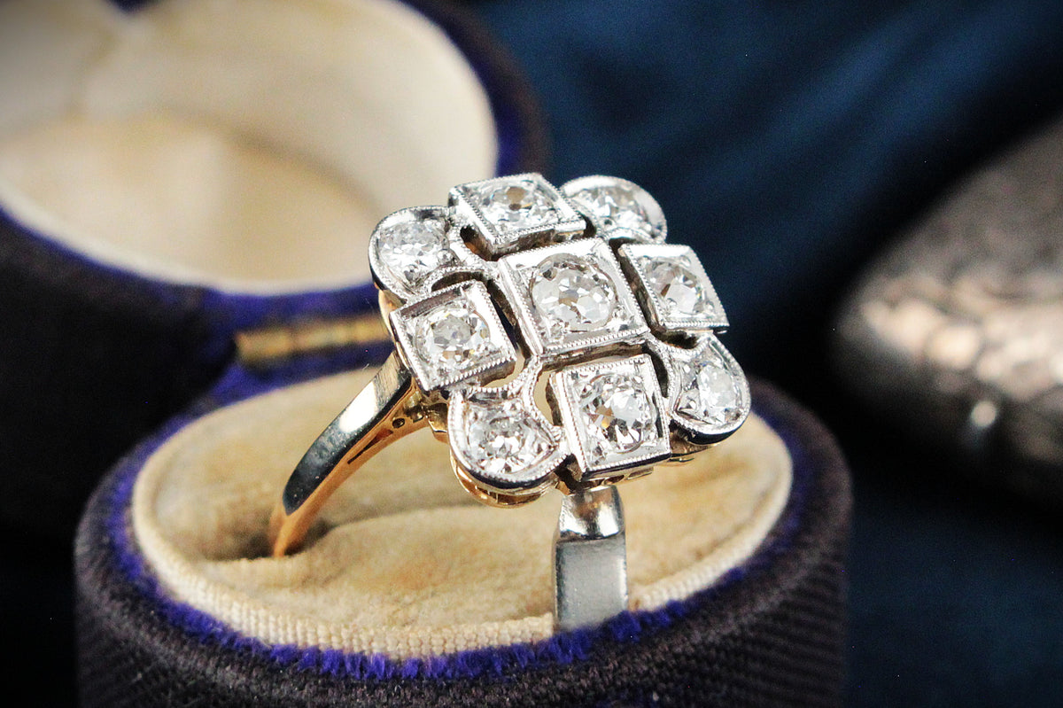 ANTIQUE ART DECO c1920 1ct DIAMOND CLUSTER RING 18ct GOLD &amp; PLATINUM
