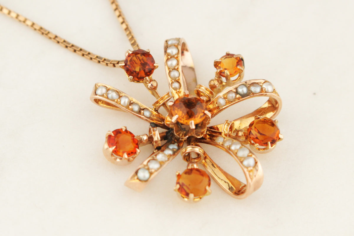 ANTIQUE AUSTRALIAN VICTORIAN c1855 CITRINE &amp; SEED PEARL PENDANT 9ct ROSE GOLD
