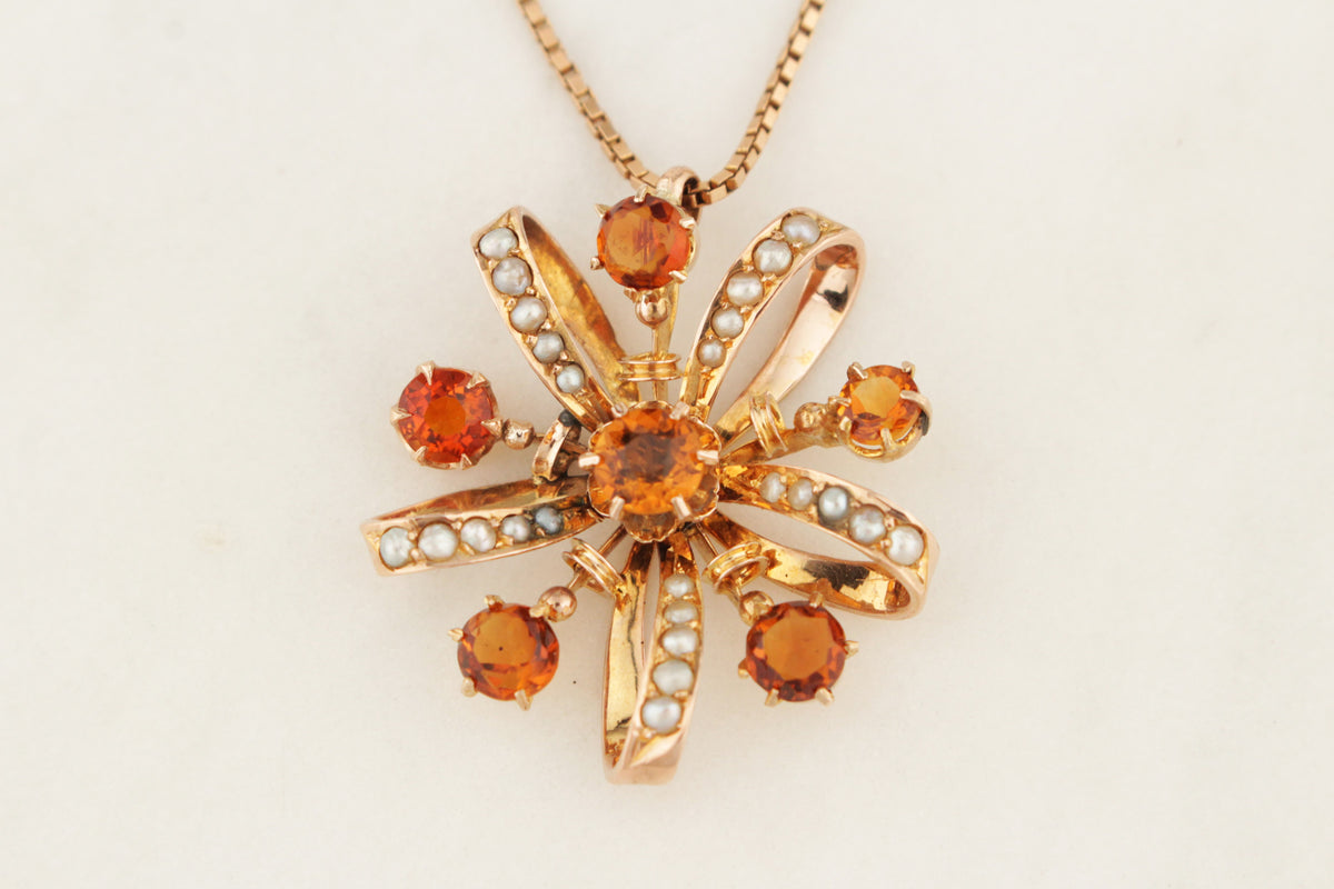 ANTIQUE AUSTRALIAN VICTORIAN c1855 CITRINE &amp; SEED PEARL PENDANT 9ct ROSE GOLD