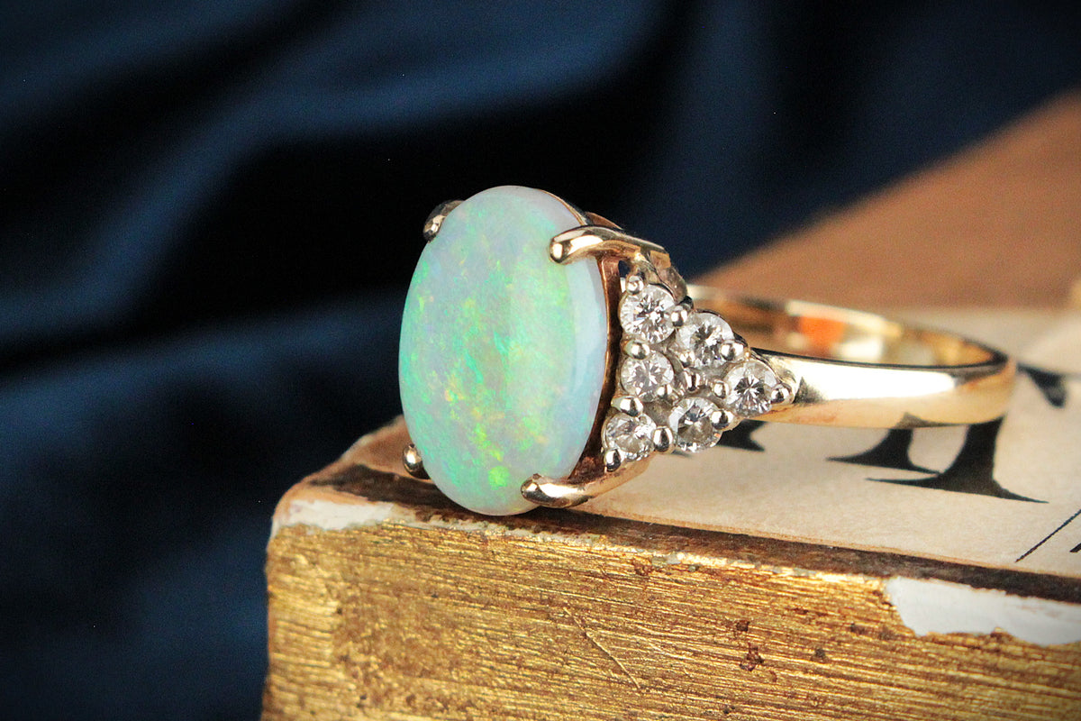 RETRO c1980s SOLID OPAL &amp; DIAMOND STATEMENT RING 9ct GOLD