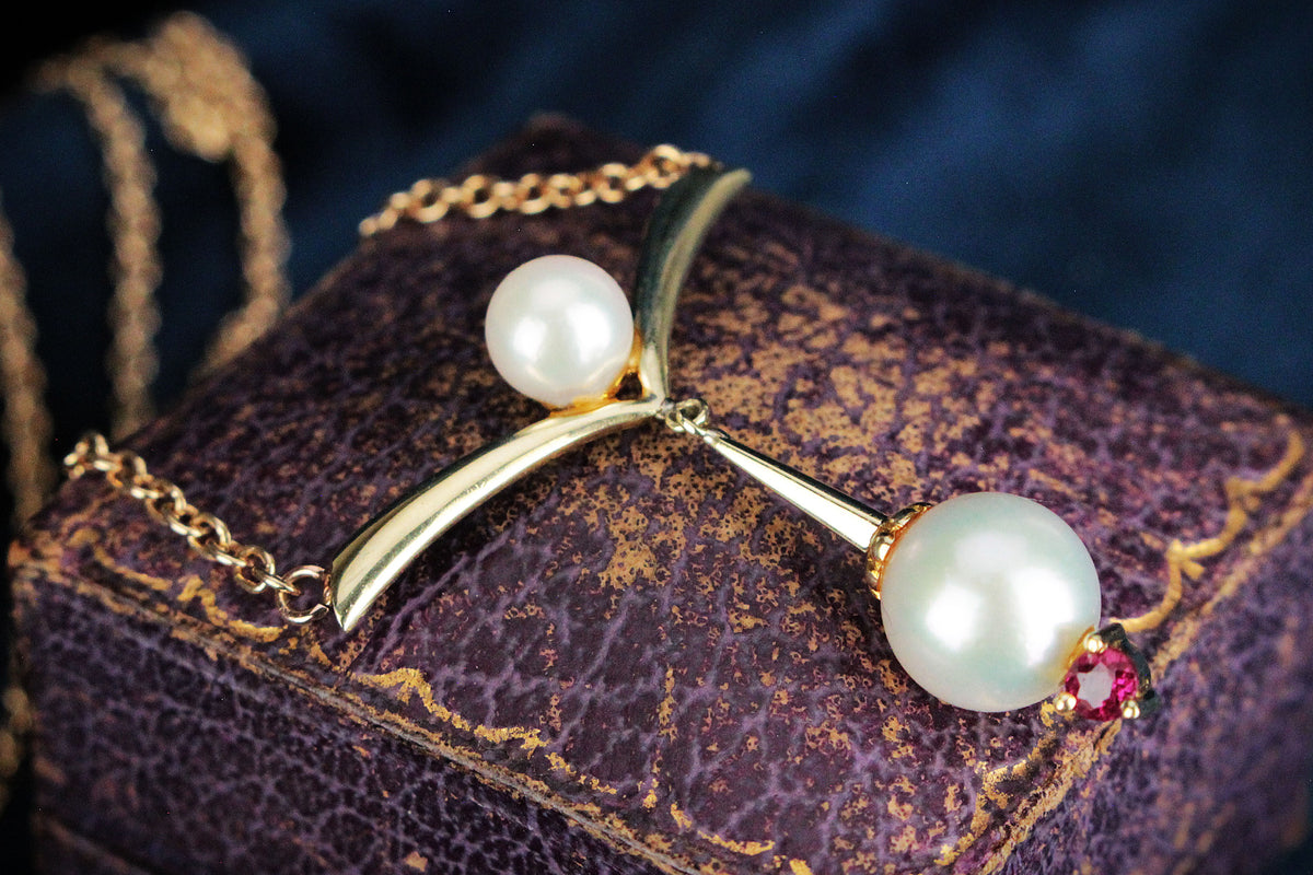 VINTAGE c1940 PEARL &amp; RUBY NECKLACE 14ct GOLD