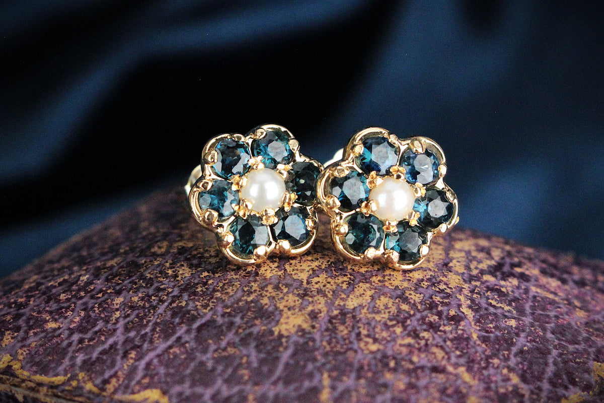 RETRO SAPPHIRE &amp; PEARL FLORAL STUDS 9ct GOLD
