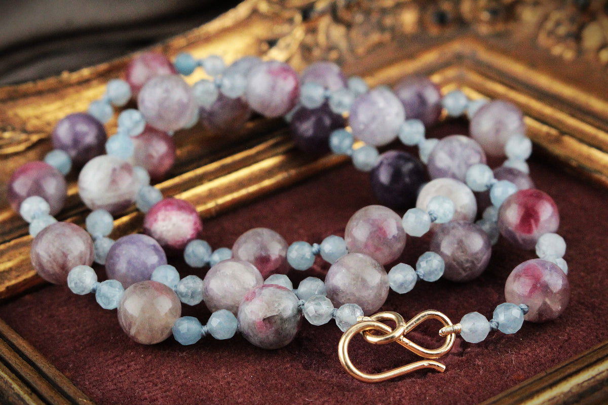 BESPOKE PLUM TOURMALINE &amp; AQUAMARINE NECKLACE WITH 9ct GOLD CLASP