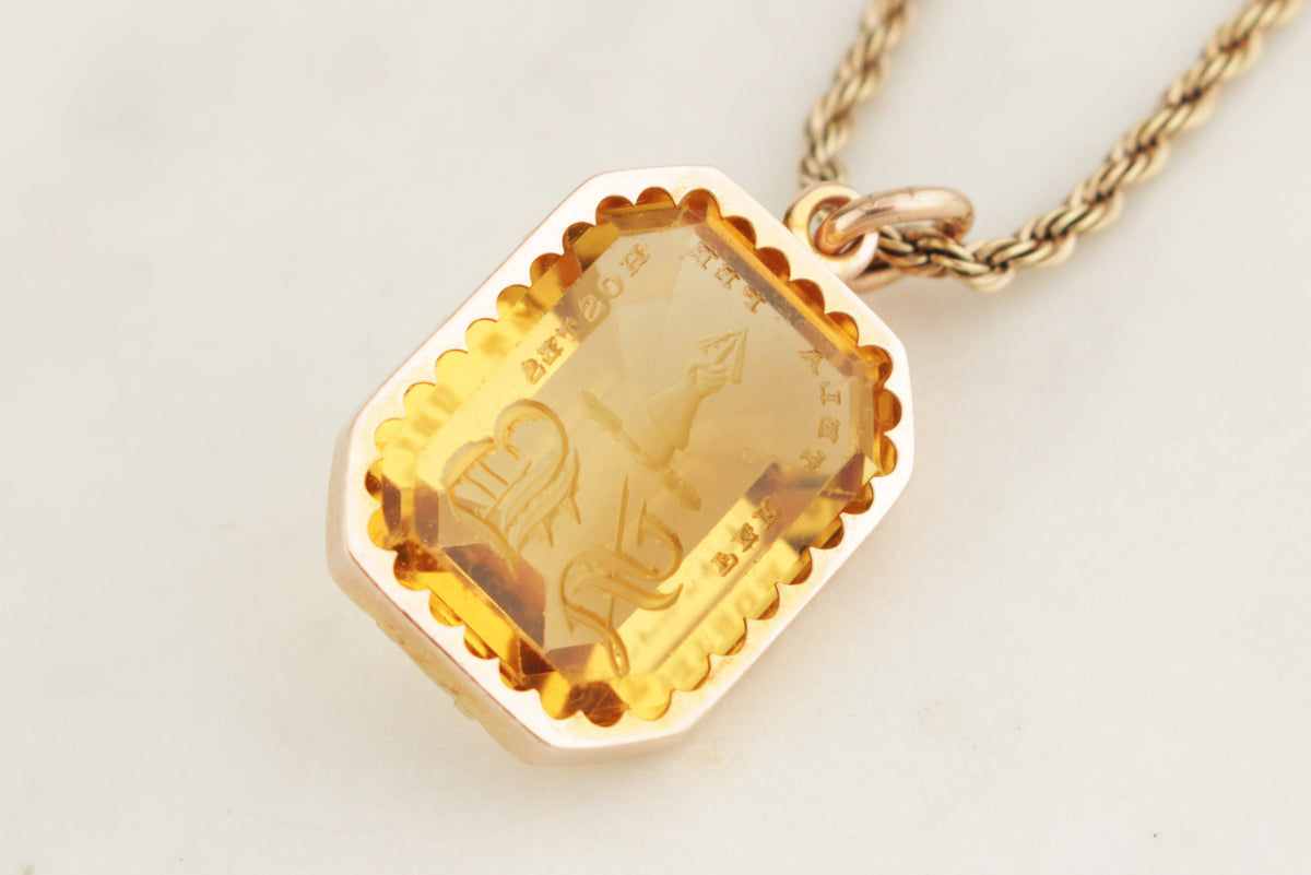 ANTIQUE VICTORIAN CITRINE INTAGLIO SEAL PENDANT ON 14ct GOLD