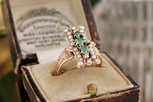 ANTIQUE GEORGIAN RING c1830 EMERALD & SEED PEARL RING ON 18ct ROSE GOLD