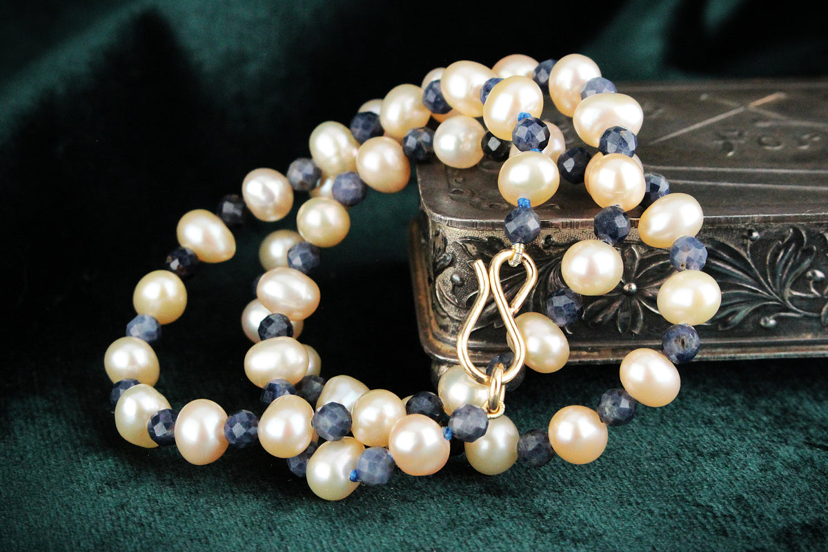 BESPOKE PEARL &amp; SAPPHIRE NECKLACE 9ct GOLD CLASP
