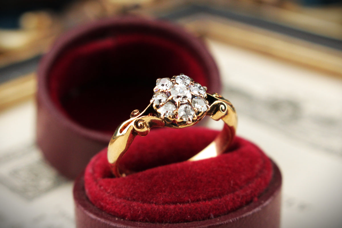 ANTIQUE VICTORIAN c1890 AUSTRALIAN DIAMOND DAISY CLUSTER RING 18ct GOLD