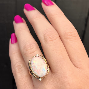 MID CENTURY c1960 SOLID WHITE OPAL & DIAMOND RING ON 9ct YELLOW GOLD