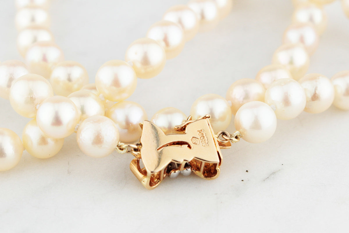 VINTAGE PEARL SINGLE STRAND NECKLACE WITH DIAMOND CLASP 14ct GOLD