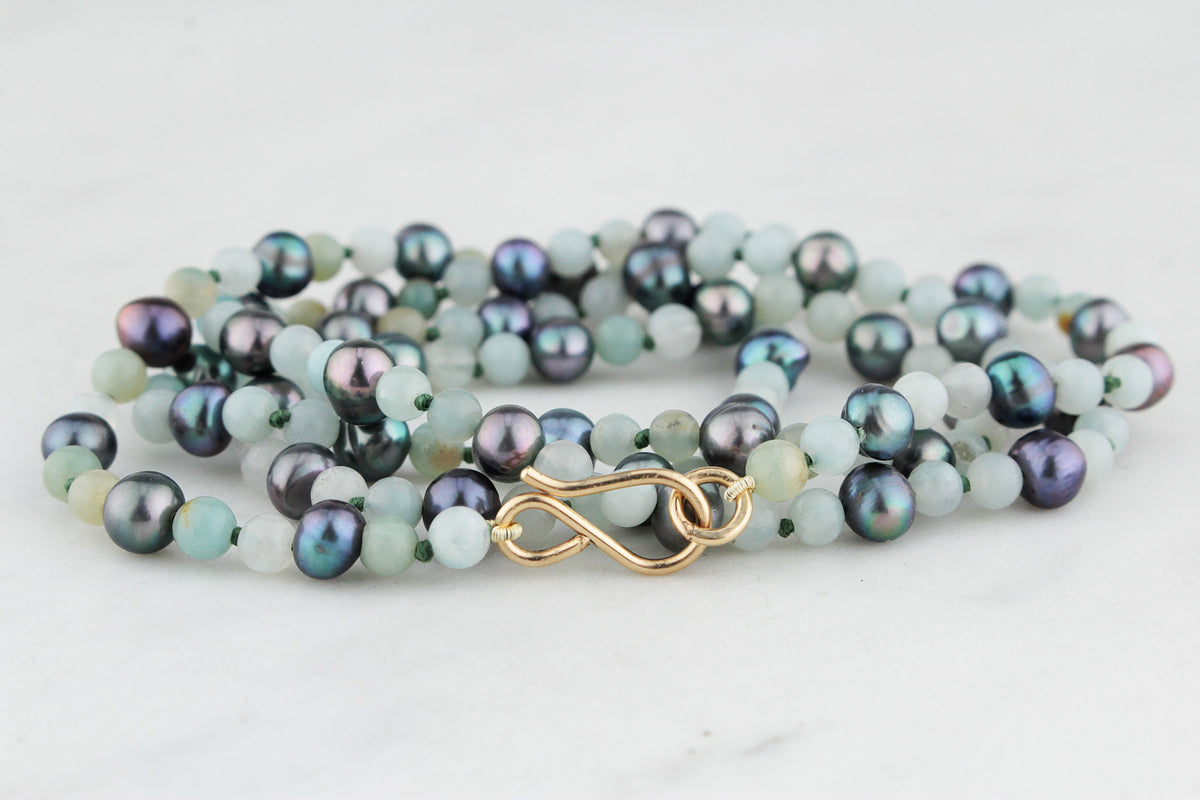 BESPOKE TAHITIAN PEARL &amp; AQUAMARINE NECKLACE 9ct GOLD
