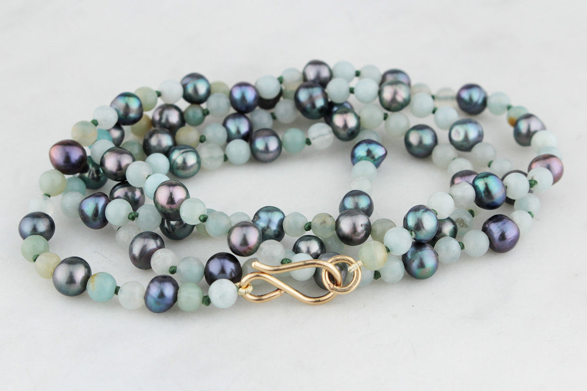 BESPOKE TAHITIAN PEARL &amp; AQUAMARINE NECKLACE 9ct GOLD