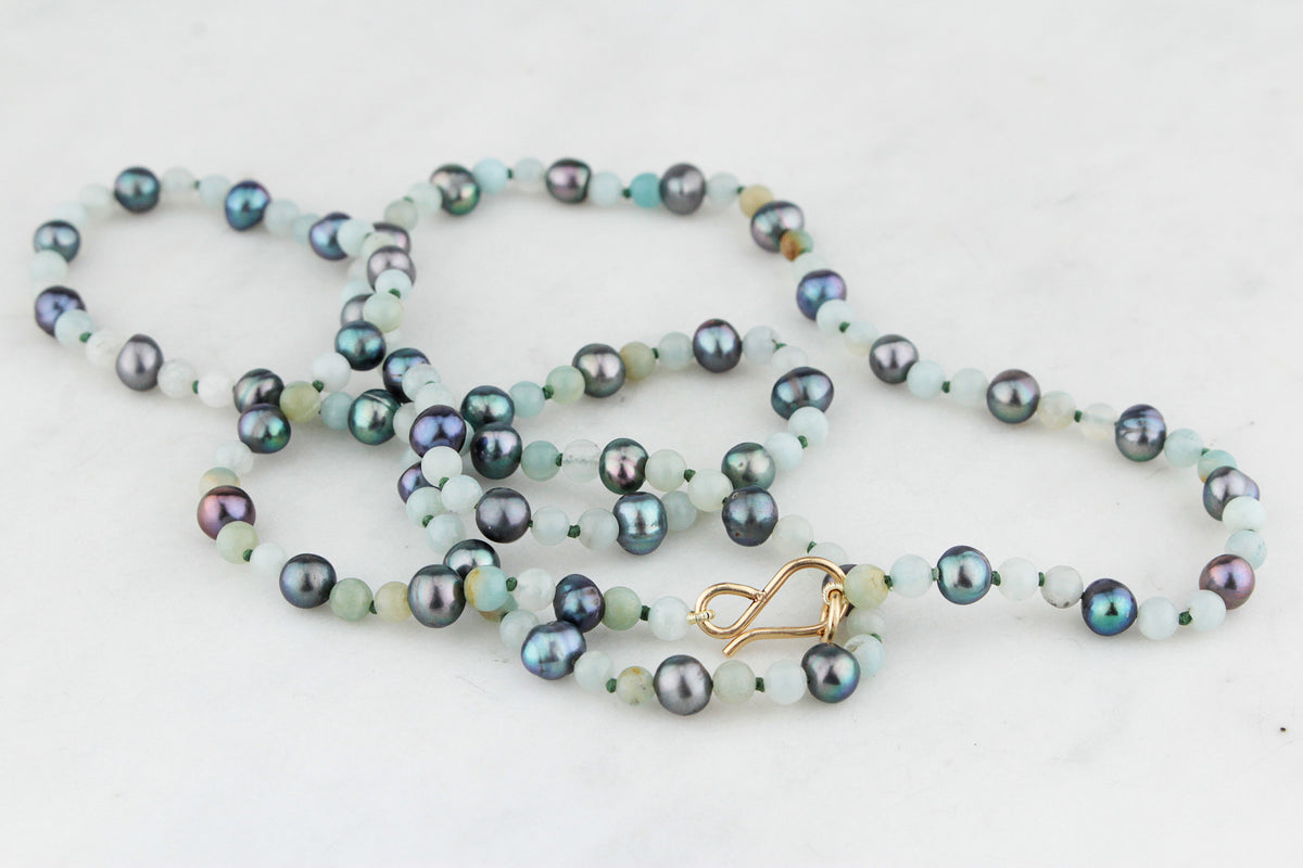 BESPOKE TAHITIAN PEARL &amp; AQUAMARINE NECKLACE 9ct GOLD
