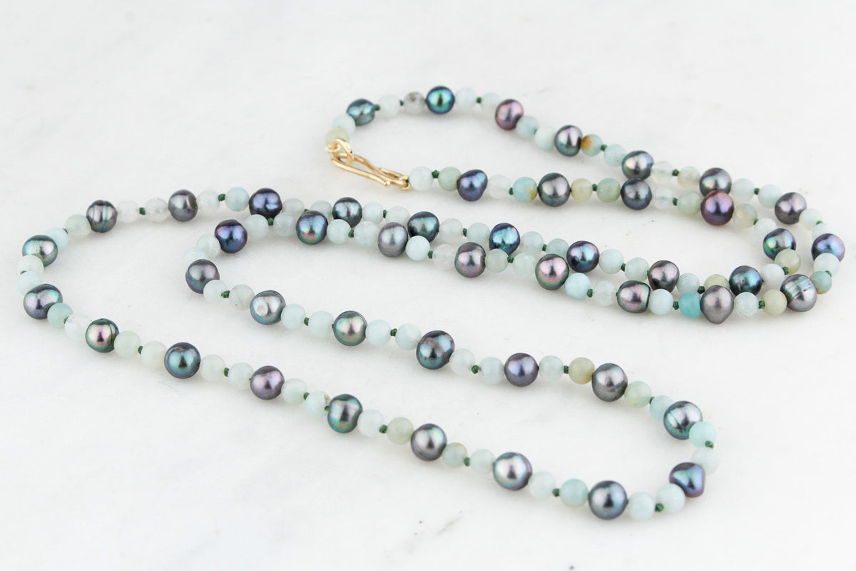 BESPOKE TAHITIAN PEARL &amp; AQUAMARINE NECKLACE 9ct GOLD