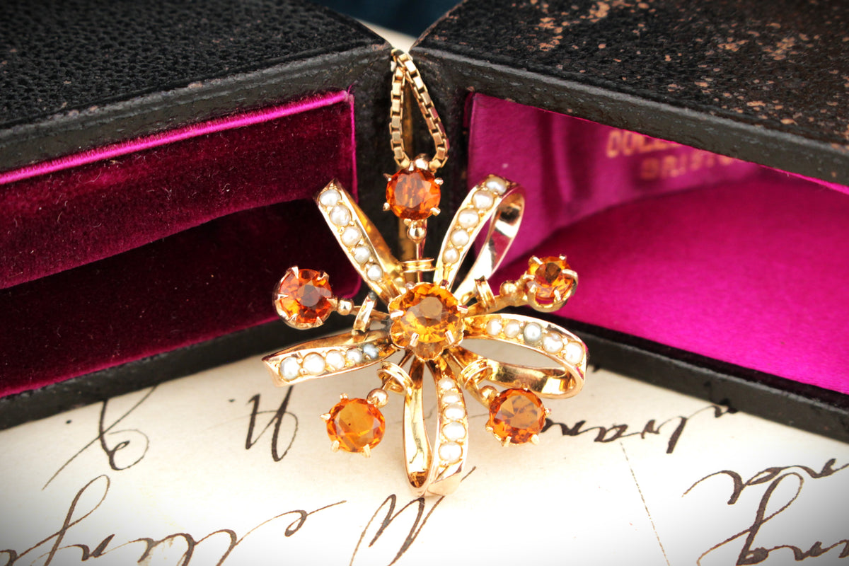 ANTIQUE AUSTRALIAN VICTORIAN c1855 CITRINE &amp; SEED PEARL PENDANT 9ct ROSE GOLD