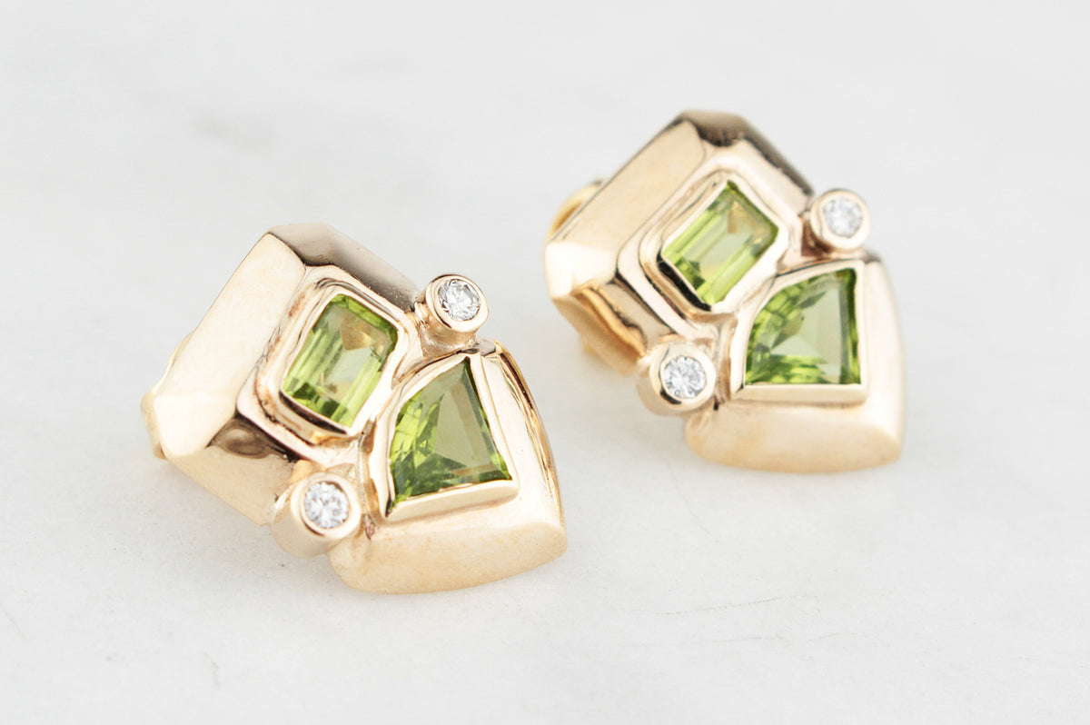 RETRO STATEMENT PERIDOT &amp; DIAMOND EARRINGS 9ct GOLD