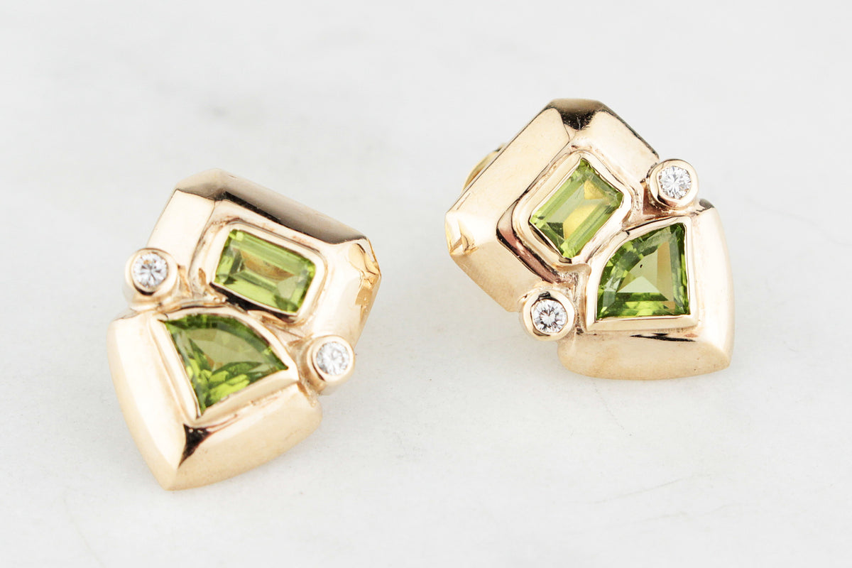 RETRO STATEMENT PERIDOT &amp; DIAMOND EARRINGS 9ct GOLD