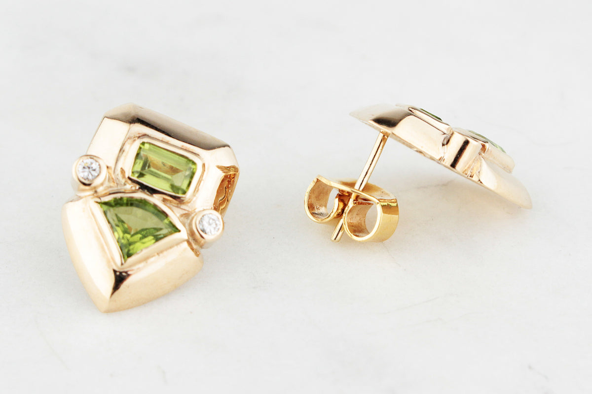 RETRO STATEMENT PERIDOT &amp; DIAMOND EARRINGS 9ct GOLD