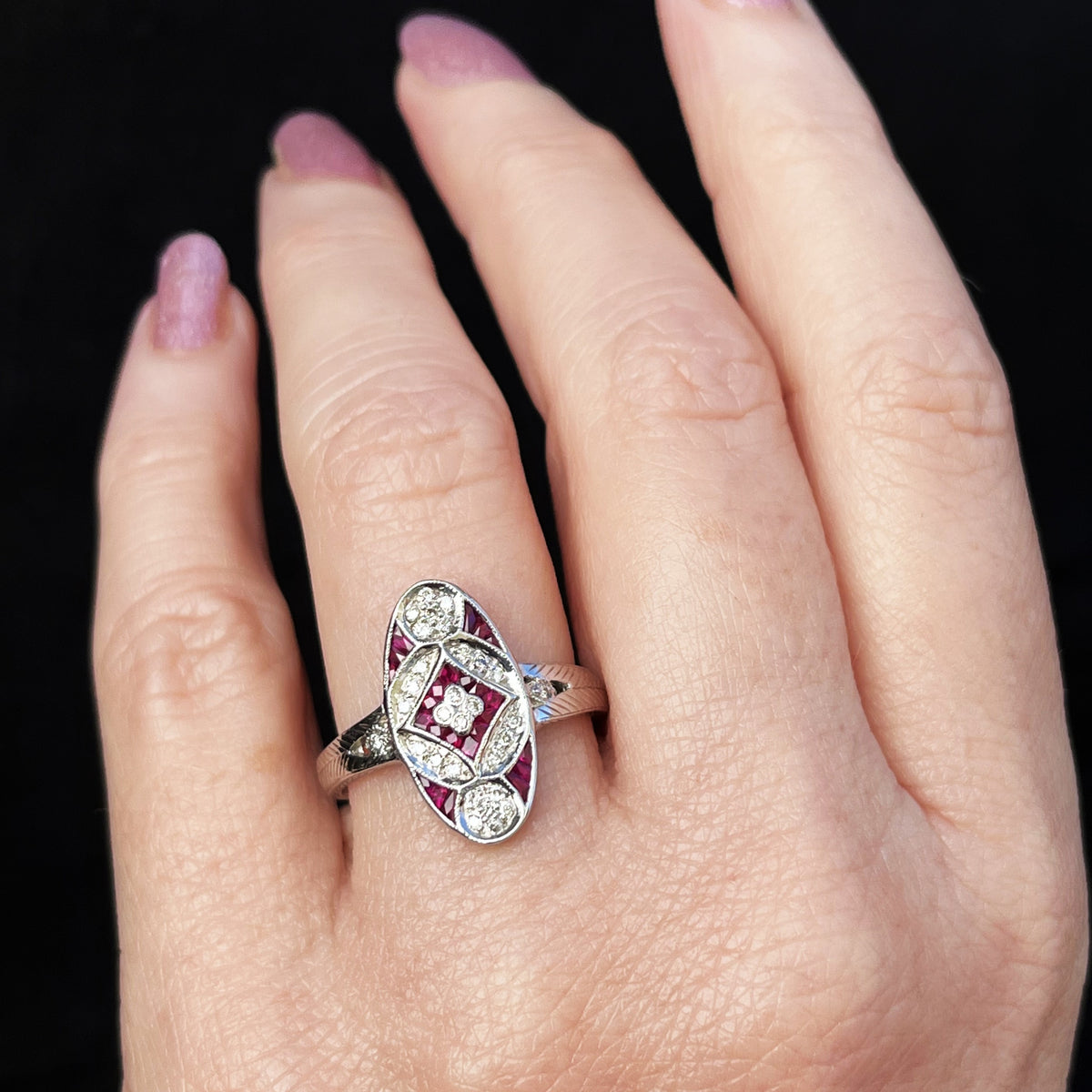 LATE ART DECO c1940 DIAMOND &amp; RUBY RING 18CT WHITE GOLD