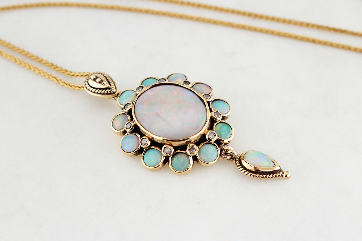 VINTAGE SOLID OPAL &amp; DIAMOND PENDANT 9ct GOLD