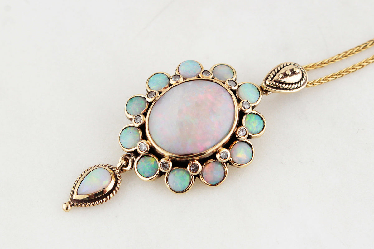 VINTAGE SOLID OPAL &amp; DIAMOND PENDANT 9ct GOLD