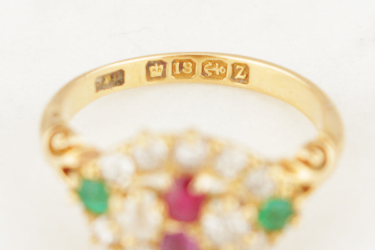ANTIQUE LATE VICTORIAN 1889 DIAMOND RUBY &amp; EMERALD RING 18ct GOLD