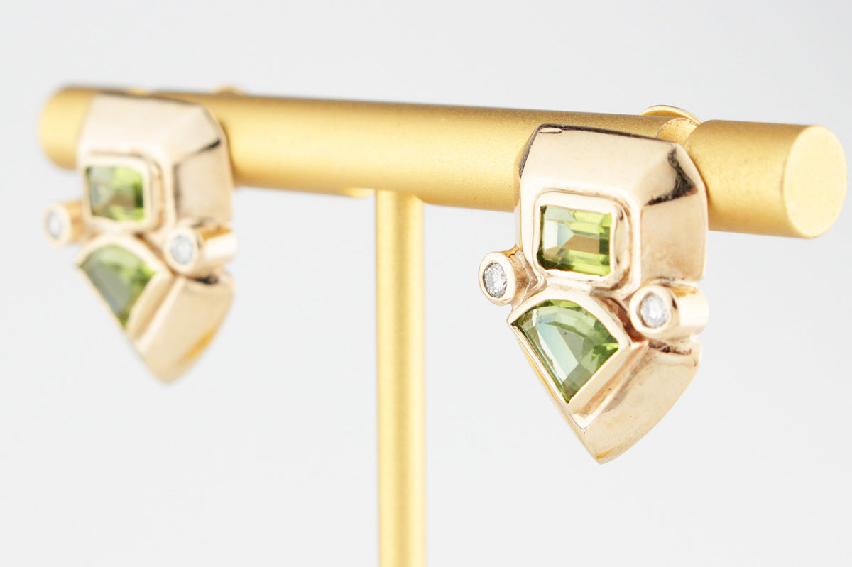 RETRO STATEMENT PERIDOT &amp; DIAMOND EARRINGS 9ct GOLD