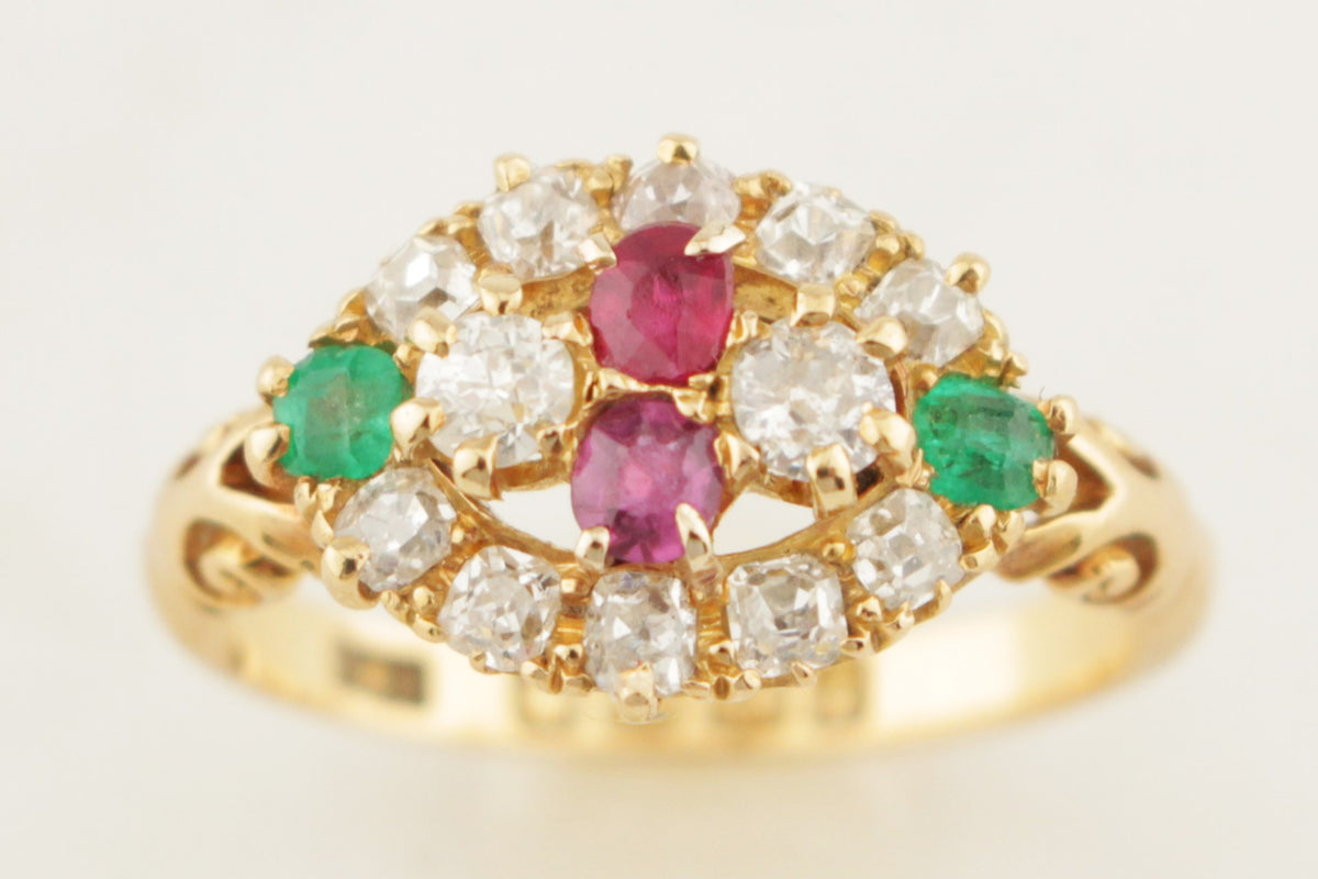 ANTIQUE LATE VICTORIAN 1889 DIAMOND RUBY &amp; EMERALD RING 18ct GOLD