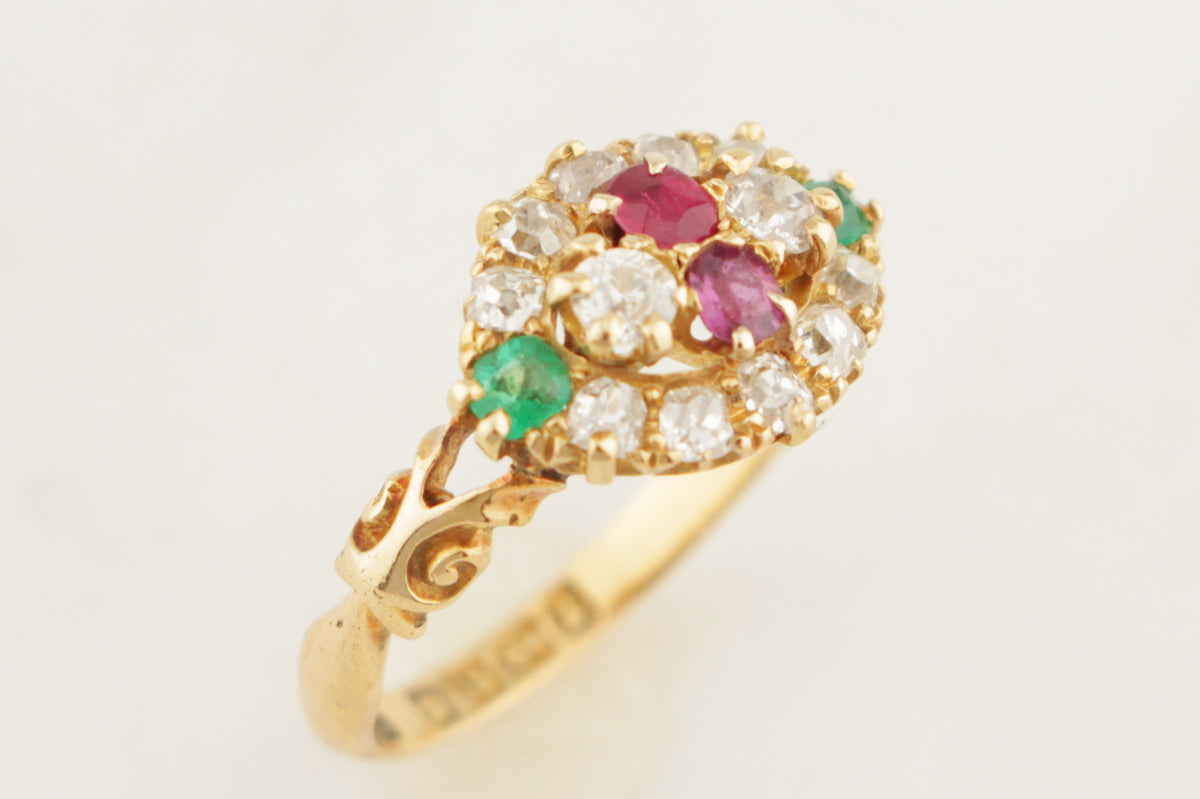 ANTIQUE LATE VICTORIAN 1889 DIAMOND RUBY &amp; EMERALD RING 18ct GOLD