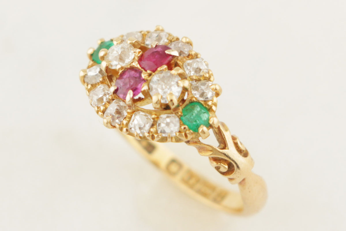 ANTIQUE LATE VICTORIAN 1889 DIAMOND RUBY &amp; EMERALD RING 18ct GOLD