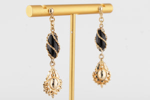 BESPOKE ANTIQUE STYLE BLACK CORAL EARRINGS ON  18CT YELLOW GOLD