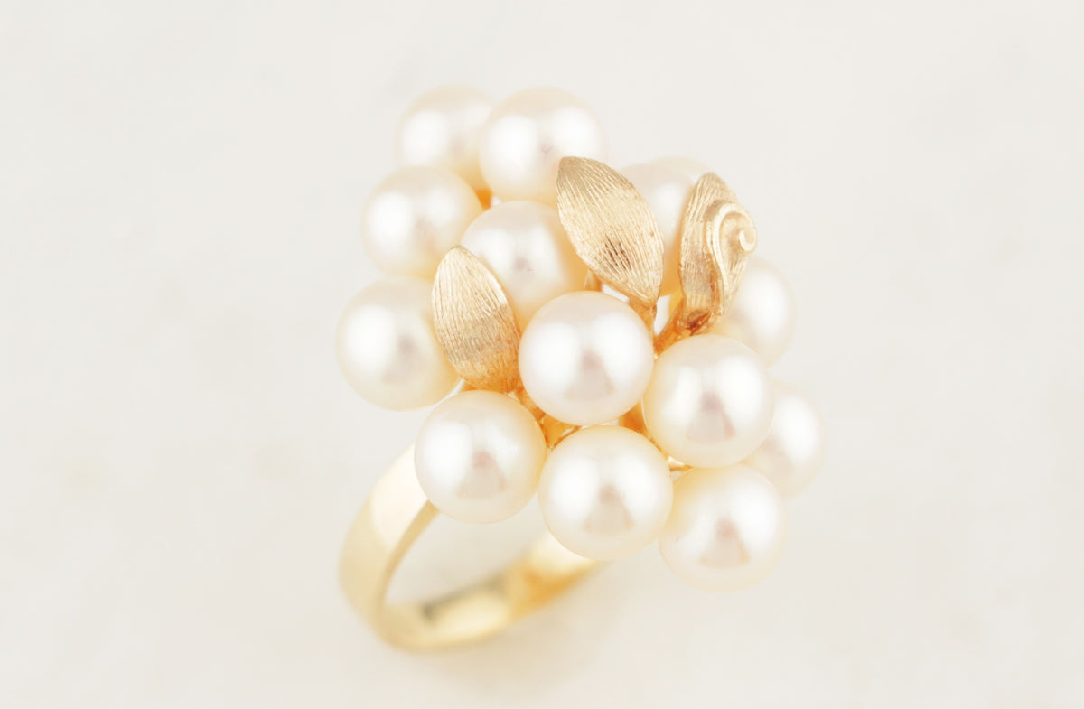 VINTAGE c1940/50 PEARL AND GOLD LEAF CLUSTER RING 14ct GOLD