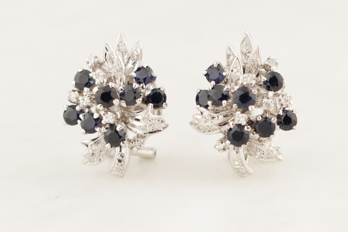 VINTAGE c1940 SAPPHIRE &amp; DIAMOND EARRINGS 18ct WHITE GOLD