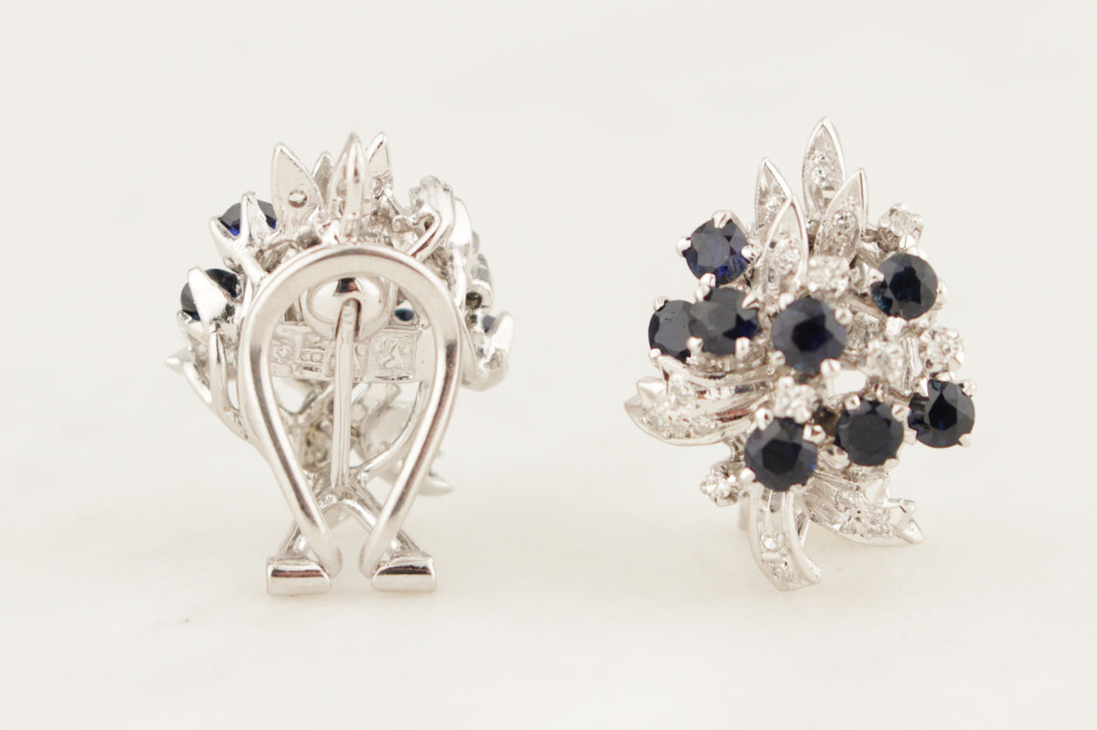 VINTAGE c1940 SAPPHIRE &amp; DIAMOND EARRINGS 18ct WHITE GOLD