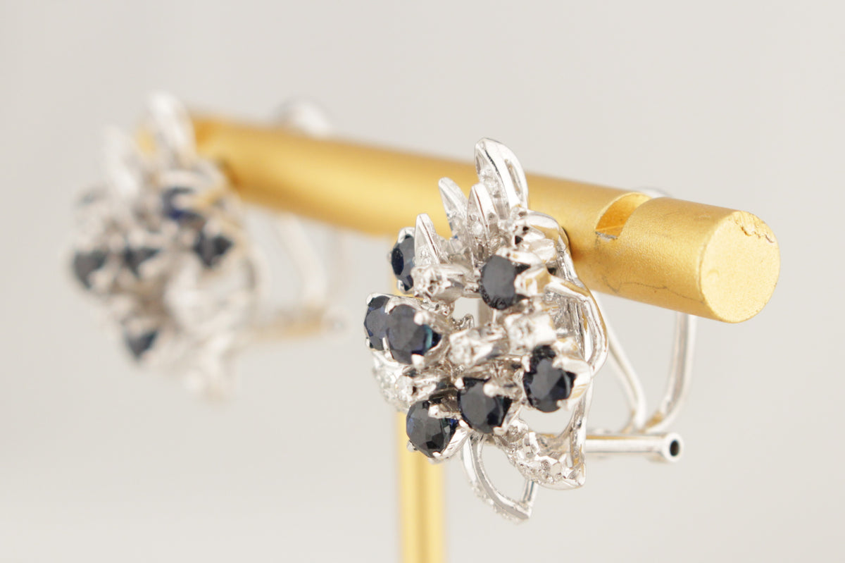 VINTAGE c1940 SAPPHIRE &amp; DIAMOND EARRINGS 18ct WHITE GOLD