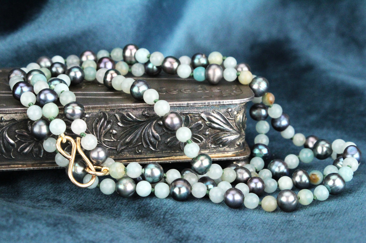 BESPOKE TAHITIAN PEARL &amp; AQUAMARINE NECKLACE 9ct GOLD