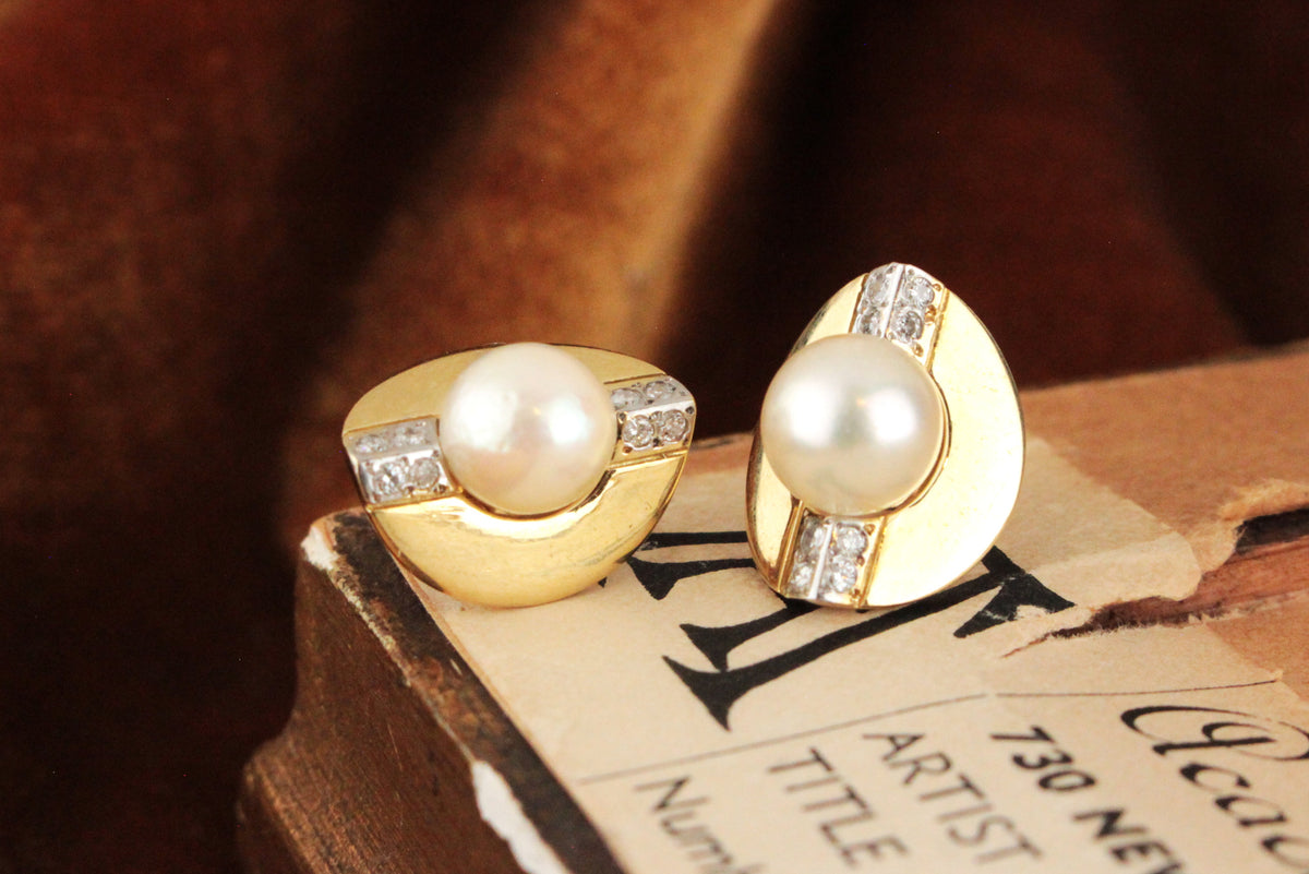 STATEMENT VINTAGE PEARL &amp; DIAMOND EARRINGS 18ct GOLD