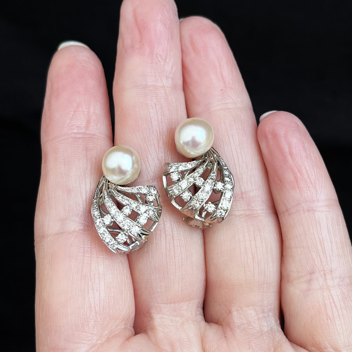 VINTAGE 1940s PEARL &amp; 1.14ct DIAMOND EARRINGS 14ct GOLD