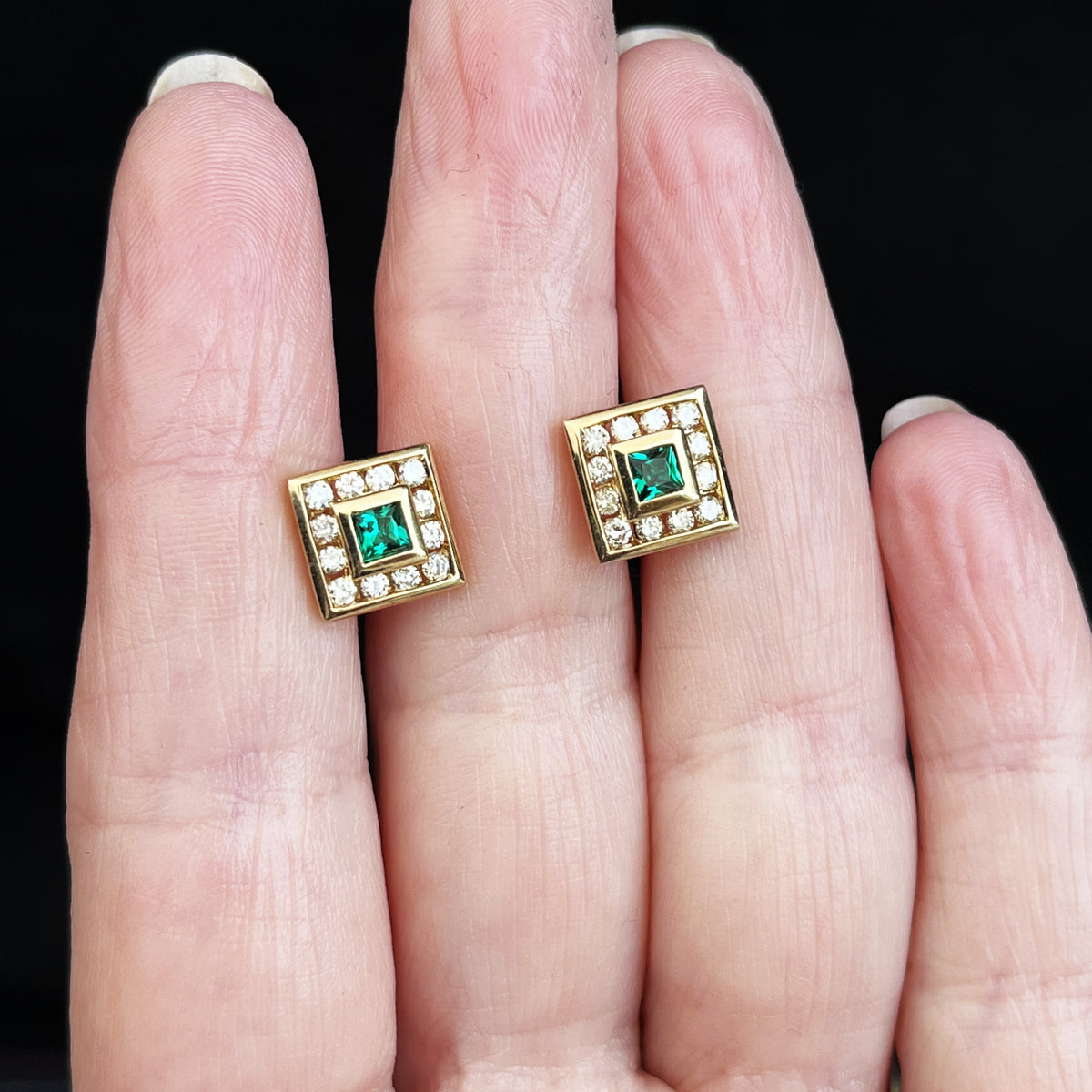 CONTEMPORARY EMERALD &amp; DIAMOND EARRINGS 9ct GOLD