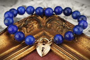 LAPIS LAZULI BRACELET WITH ANTIQUE 9ct GOLD HEART LOCKET